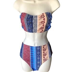2 Piece Boho Blue & Red Bohemian Paisley Bikini Swimsuit ~ Women's Size MEDIUM